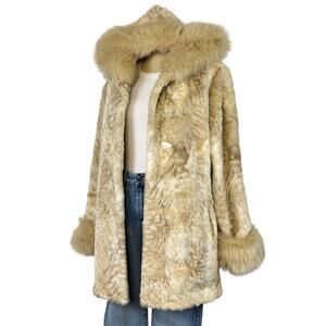 Vintage Nuage Collection Cream Faux Fur Hooded Coat Tiger Print 90s Cozy Glam L